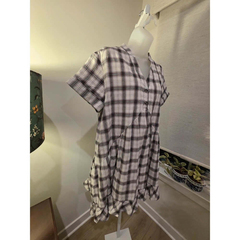 Crinkle Cotton Plaid Babydoll Midi Dress S Brown/White Boho Beachy NWOT - Picture 4 of 16